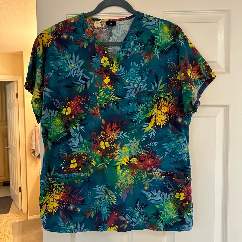 Colorful uniform top.